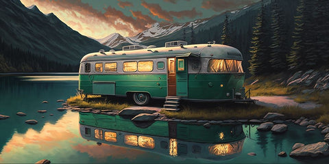 Camper On The Lake 10 Black Modern Wood Framed Art Print by Heere, Ray