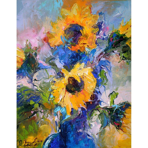 Sunflowers In Blue Vase Black Modern Wood Framed Art Print by Wallich, Richard