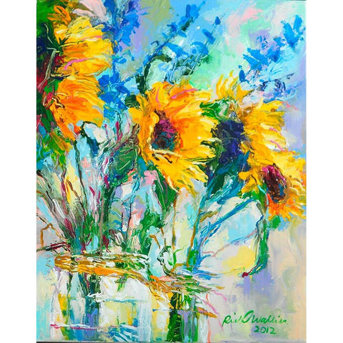 Sunflowers In Glass Bottles White Modern Wood Framed Art Print by Wallich, Richard