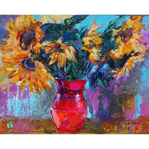 Sunflowers In Red Vase Black Modern Wood Framed Art Print with Double Matting by Wallich, Richard