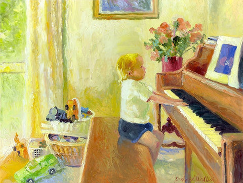 Grant Playing The Piano White Modern Wood Framed Art Print with Double Matting by Wallich, Richard