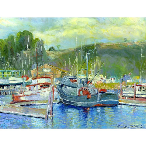 Fishing Boats On Oregon Coast 1 White Modern Wood Framed Art Print by Wallich, Richard