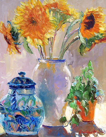 Sunflowers White Modern Wood Framed Art Print with Double Matting by Wallich, Richard