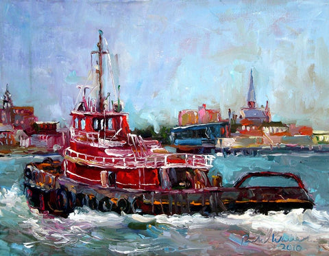 Tugboat White Modern Wood Framed Art Print with Double Matting by Wallich, Richard