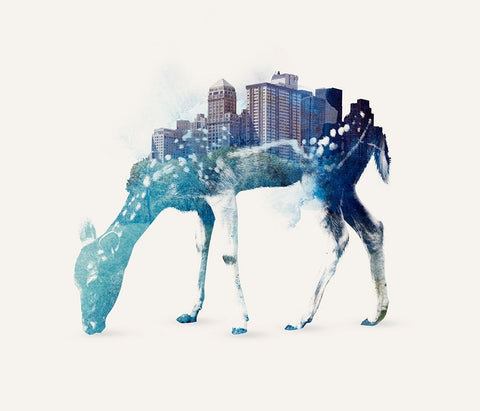 City Deer White Modern Wood Framed Art Print with Double Matting by Farkas, Robert