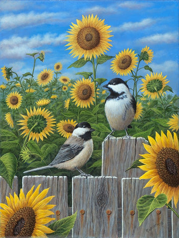 Chickadees And Sunflowers White Modern Wood Framed Art Print with Double Matting by Wavra, Robert