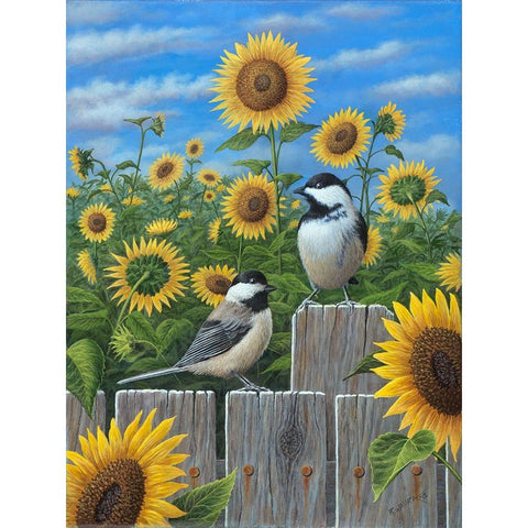 Chickadees And Sunflowers Black Modern Wood Framed Art Print by Wavra, Robert