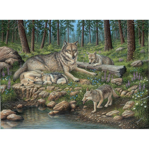 Grey Wolf Mother And Pups Gold Ornate Wood Framed Art Print with Double Matting by Wavra, Robert