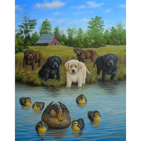 Puppies And Ducklings White Modern Wood Framed Art Print by Wavra, Robert