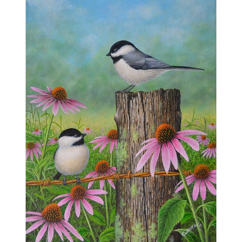 Chickadees and Coneflowers Gold Ornate Wood Framed Art Print with Double Matting by Wavra, Robert