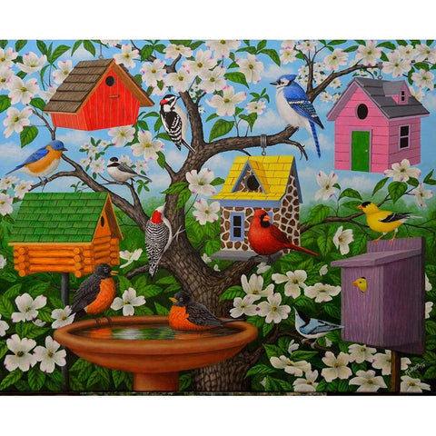 Birds and Birdhouses White Modern Wood Framed Art Print by Wavra, Robert