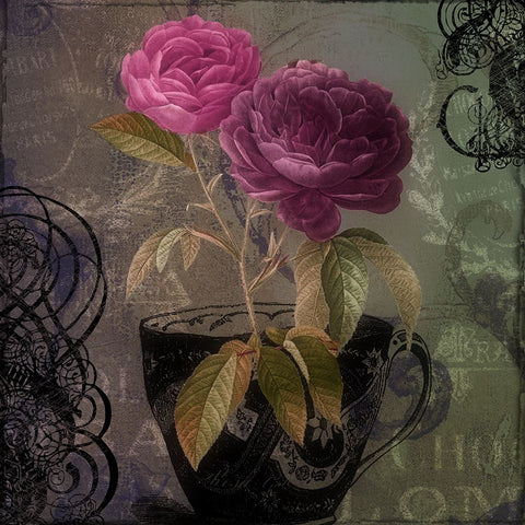 Tea and Roses I Black Ornate Wood Framed Art Print with Double Matting by Sasha