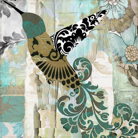 Hummingbird Batik II Black Modern Wood Framed Art Print by Sasha