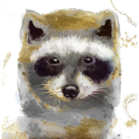 Golden Forest - Raccoon White Modern Wood Framed Art Print by Sasha