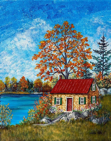 Autumn Cottage Black Ornate Wood Framed Art Print with Double Matting by Mark, Sharon