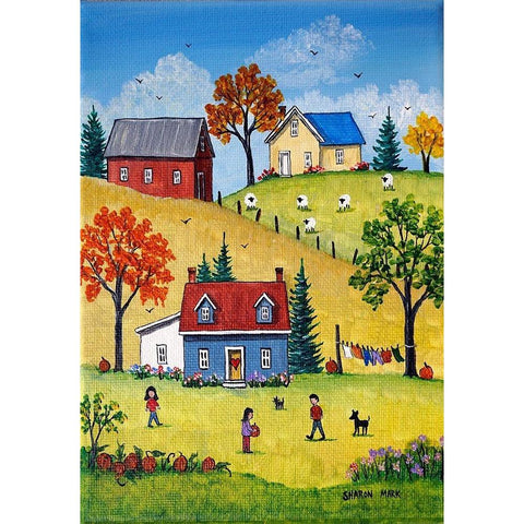 Country Kids and Pumpkins Gold Ornate Wood Framed Art Print with Double Matting by Mark, Sharon