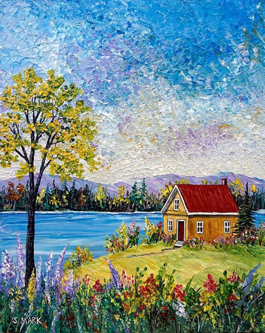Lake Flowers White Modern Wood Framed Art Print with Double Matting by Mark, Sharon