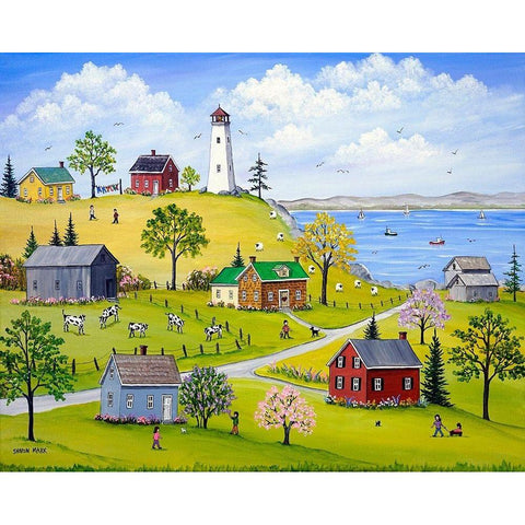 Lighthouse-Lilacs and Lupins White Modern Wood Framed Art Print by Mark, Sharon