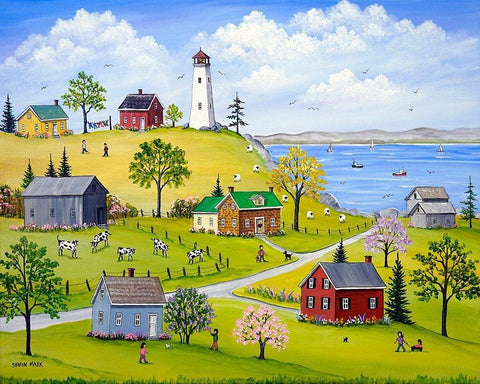 Lighthouse-Lilacs and Lupins Black Ornate Wood Framed Art Print with Double Matting by Mark, Sharon