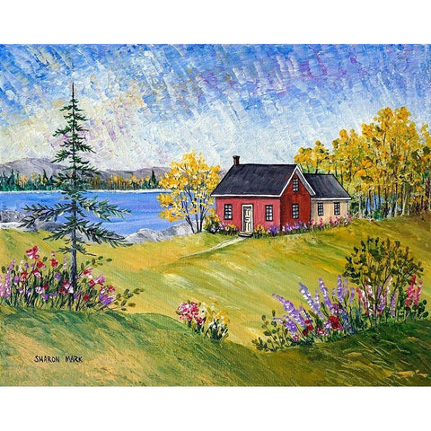 Red Cottage at the Lake Gold Ornate Wood Framed Art Print with Double Matting by Mark, Sharon