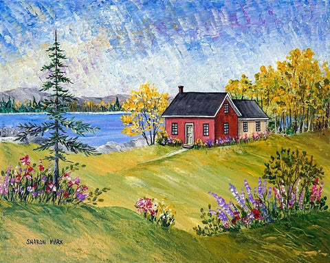 Red Cottage at the Lake Black Ornate Wood Framed Art Print with Double Matting by Mark, Sharon