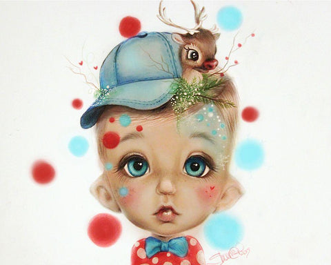 Connor Reindeer Keeper - MunchkinZ Elf White Modern Wood Framed Art Print with Double Matting by Sheena Pike Art