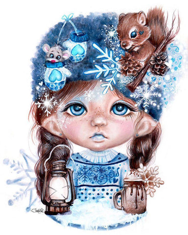 Snowy Saraphina -  Winter MunchkinZ Elf Black Ornate Wood Framed Art Print with Double Matting by Sheena Pike Art