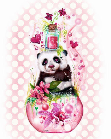 Panda Love Potion - with background White Modern Wood Framed Art Print with Double Matting by Sheena Pike Art