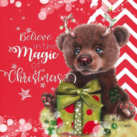 Believe in the Magic of Christmas - Bruno Bear White Modern Wood Framed Art Print by Sheena Pike Art