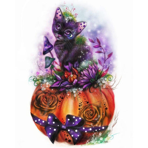 Kitty and the Magic Pumpkin Black Modern Wood Framed Art Print with Double Matting by Sheena Pike Art