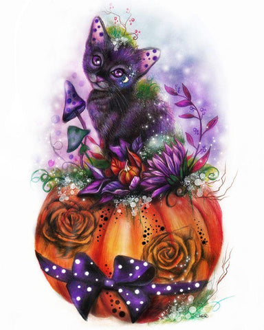 Kitty and the Magic Pumpkin Black Ornate Wood Framed Art Print with Double Matting by Sheena Pike Art