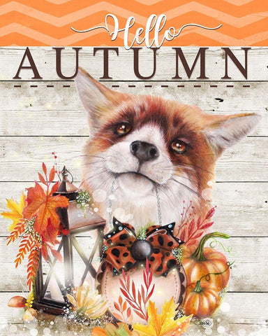 Hello Autumn  - Autumn Greetings Fox White Modern Wood Framed Art Print with Double Matting by Sheena Pike Art