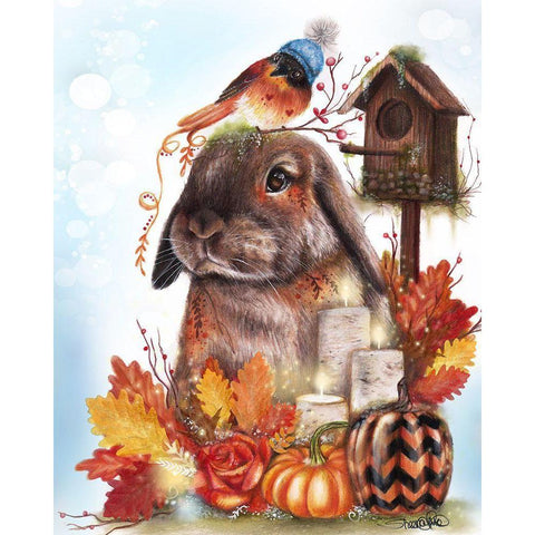 Autumn Greetings Bunny - with Background Gold Ornate Wood Framed Art Print with Double Matting by Sheena Pike Art