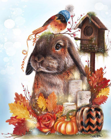 Autumn Greetings Bunny - with Background White Modern Wood Framed Art Print with Double Matting by Sheena Pike Art