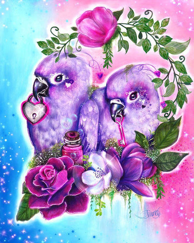 Still Together Love Birds Black Ornate Wood Framed Art Print with Double Matting by Sheena Pike Art