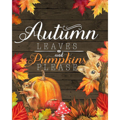 Autumn Leaves and Pumpkins Please Kitty White Modern Wood Framed Art Print by Sheena Pike Art