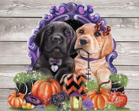 Sweet Halloween Couple Puppies White Modern Wood Framed Art Print with Double Matting by Sheena Pike Art