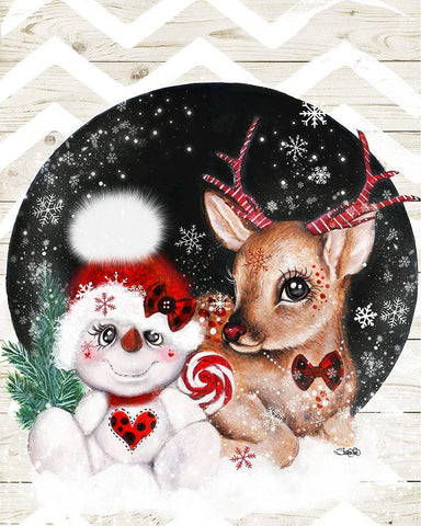 Rudolph and his Snowman Pal Black Ornate Wood Framed Art Print with Double Matting by Sheena Pike Art