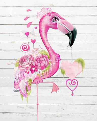 Flamingo Valentine White Modern Wood Framed Art Print with Double Matting by Sheena Pike Art