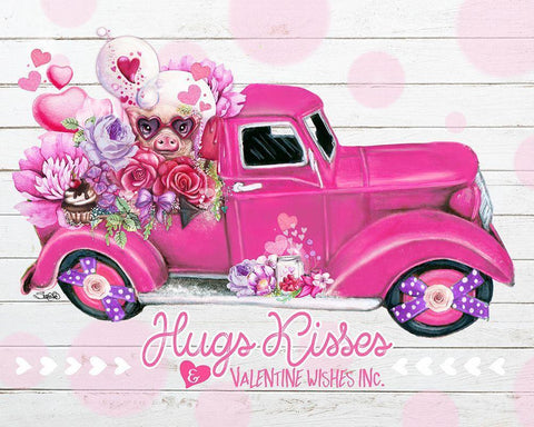 Hugs Kisses Valentine Wishes Inc. Truck White Modern Wood Framed Art Print with Double Matting by Sheena Pike Art