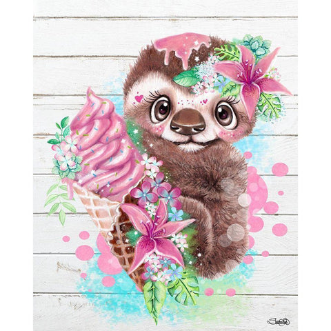 Just Chilln Ice Cream Sloth Black Modern Wood Framed Art Print with Double Matting by Sheena Pike Art