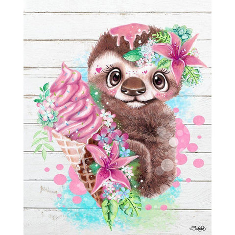 Just Chilln Ice Cream Sloth Gold Ornate Wood Framed Art Print with Double Matting by Sheena Pike Art