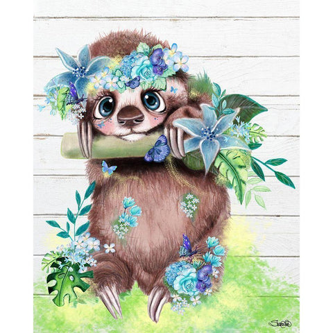 Just Hanging Out Butterfly Sloth White Modern Wood Framed Art Print by Sheena Pike Art