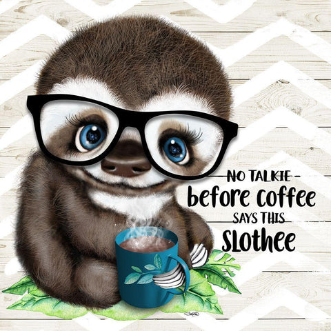 No Talkie Coffee Slothee White Modern Wood Framed Art Print with Double Matting by Sheena Pike Art