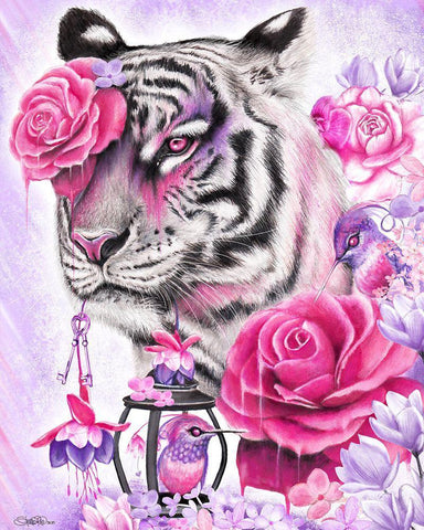 Fuschia Tiger White Modern Wood Framed Art Print with Double Matting by Sheena Pike Art