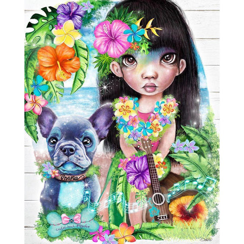 A Hawaiin Girl and her Dog Gold Ornate Wood Framed Art Print with Double Matting by Sheena Pike Art