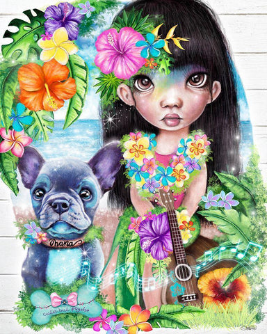 A Hawaiin Girl and her Dog White Modern Wood Framed Art Print with Double Matting by Sheena Pike Art