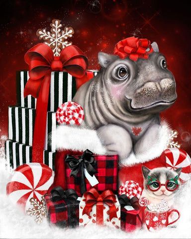 Cutesie Hippo Christmas Surprise White Modern Wood Framed Art Print with Double Matting by Sheena Pike Art