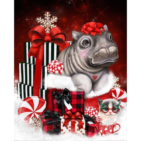 Cutesie Hippo Christmas Surprise Black Modern Wood Framed Art Print with Double Matting by Sheena Pike Art