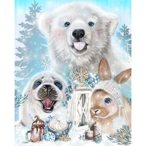 Snowflake Kisses Polar Bear and Friends White Modern Wood Framed Art Print by Sheena Pike Art